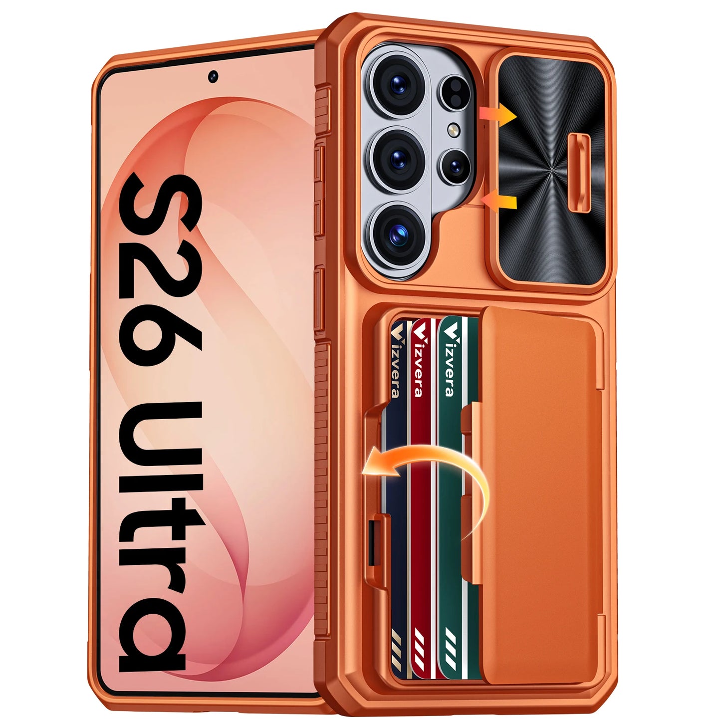 for Galaxy S26 Ultra Case Wallet RFID,Cards Holder,Camera Cove,Full Body Rugged Shockproof Silicone Protective Phone Case-orange