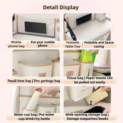 Leather Deluxe Car Seat Back Organizer-Multi-Function Storage, Foldable Dining Table Tray,Anti-Kick Pad,Decorative Car Accessory