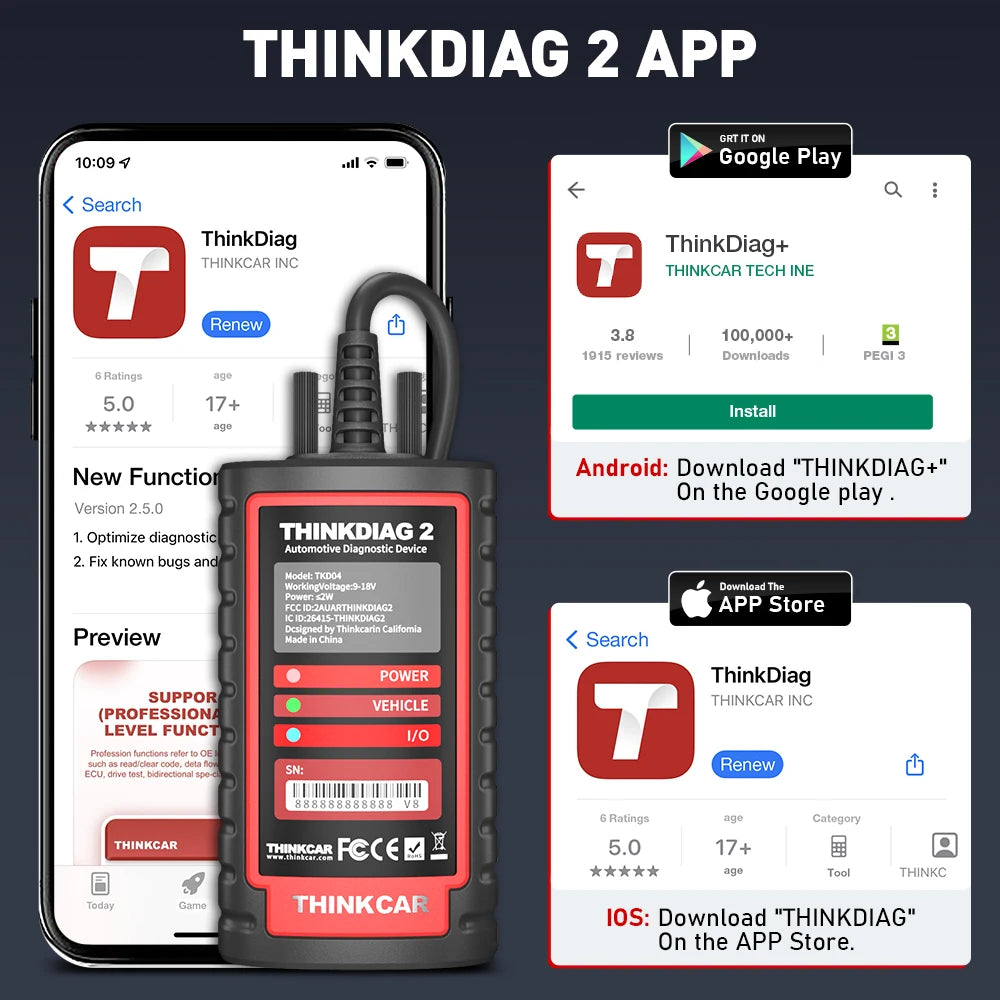 Thinkdiag2 All System Bidirectional OBD2 Diagnostic Scanner for iOS & Android, THINKCAR Bluetooth Scan Tool with CAN-FD Protocol, 15+ Reset Functions, ECU Code, Active Test, AutoVIN, 1 Year Update
