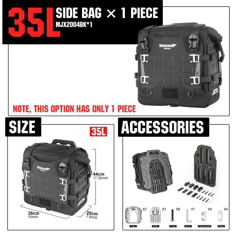 Rhinowalk Motorcycle Side Bag Mechanic Quick Release Waterproof 35L Big Capacity Anti-Theft With Lock Hole Molle Saddlebag
