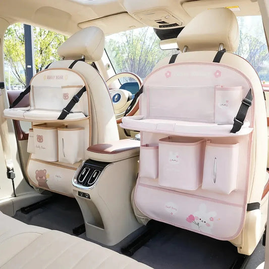 Leather Deluxe Car Seat Back Organizer-Multi-Function Storage, Foldable Dining Table Tray,Anti-Kick Pad,Decorative Car Accessory