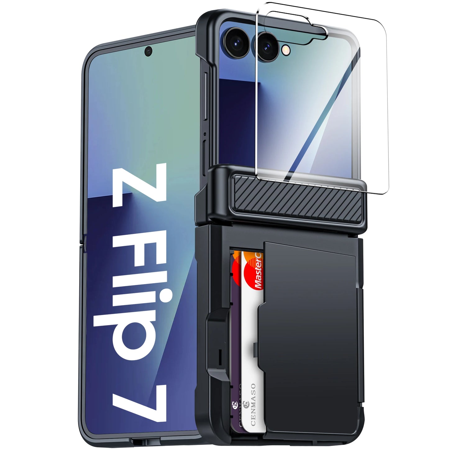 For Galaxy Z Flip 7 With Card Holder,RFID,HD Protector,Rugged Anti-Scratch Full Shockproof Phone Case For Halloween Gifts-Blue