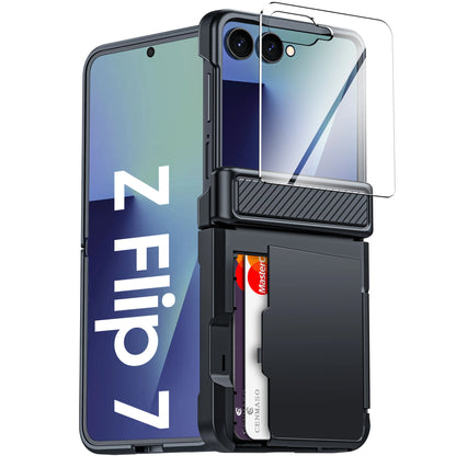 For Galaxy Z Flip 7 With Card Holder,RFID,HD Protector,Rugged Anti-Scratch Full Shockproof Phone Case For Halloween Gifts-Blue