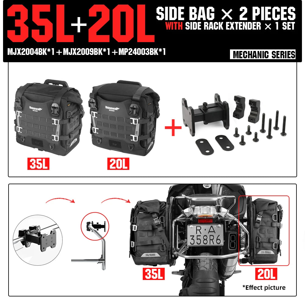 Rhinowalk Motorcycle Side Bag Mechanic Quick Release Waterproof 35L Big Capacity Anti-Theft With Lock Hole Molle Saddlebag