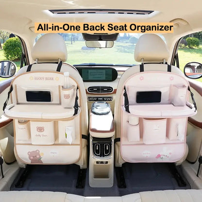 Leather Deluxe Car Seat Back Organizer-Multi-Function Storage, Foldable Dining Table Tray,Anti-Kick Pad,Decorative Car Accessory