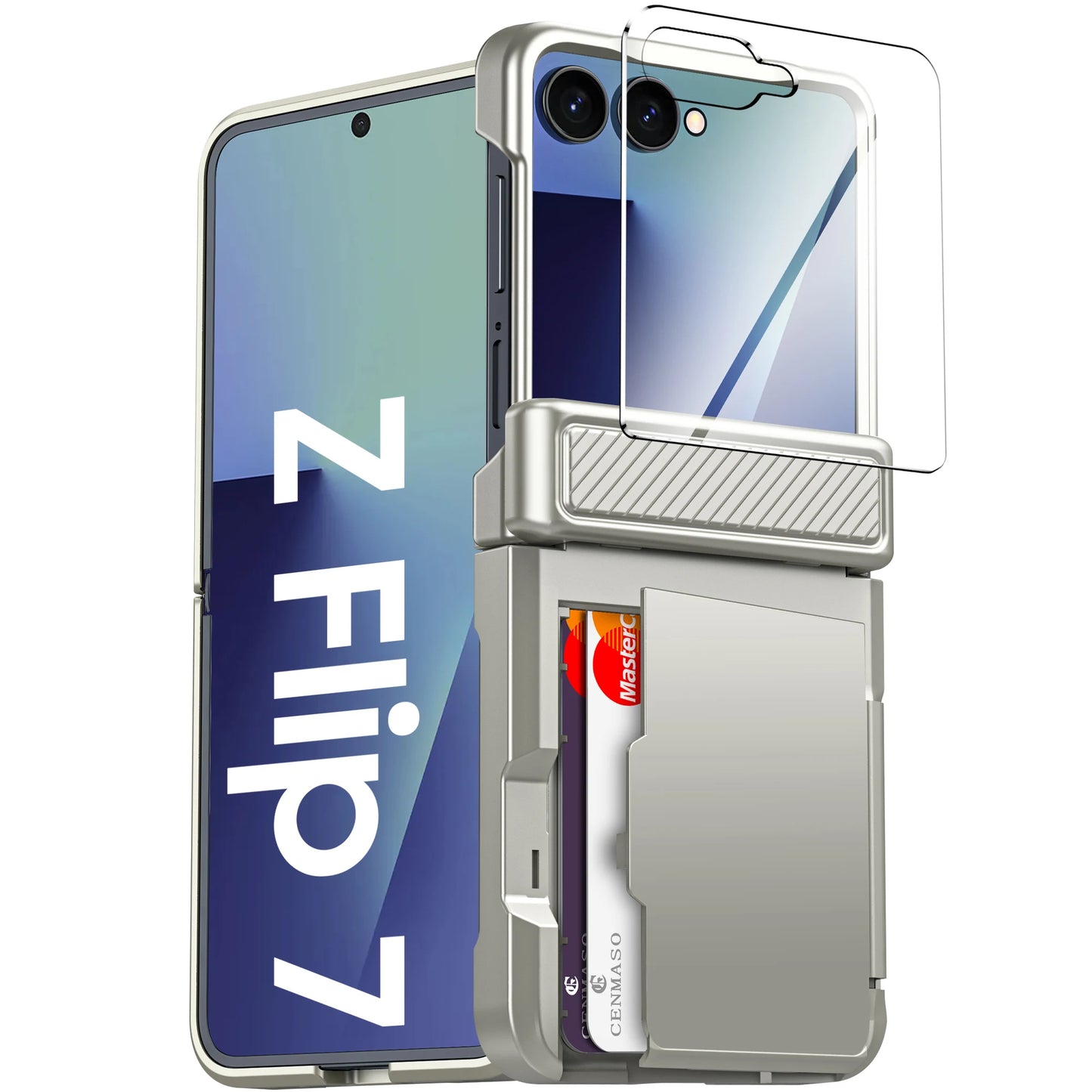For Galaxy Z Flip 7 With Card Holder,RFID,HD Protector,Rugged Anti-Scratch Full Shockproof Phone Case For Halloween Gifts-Blue