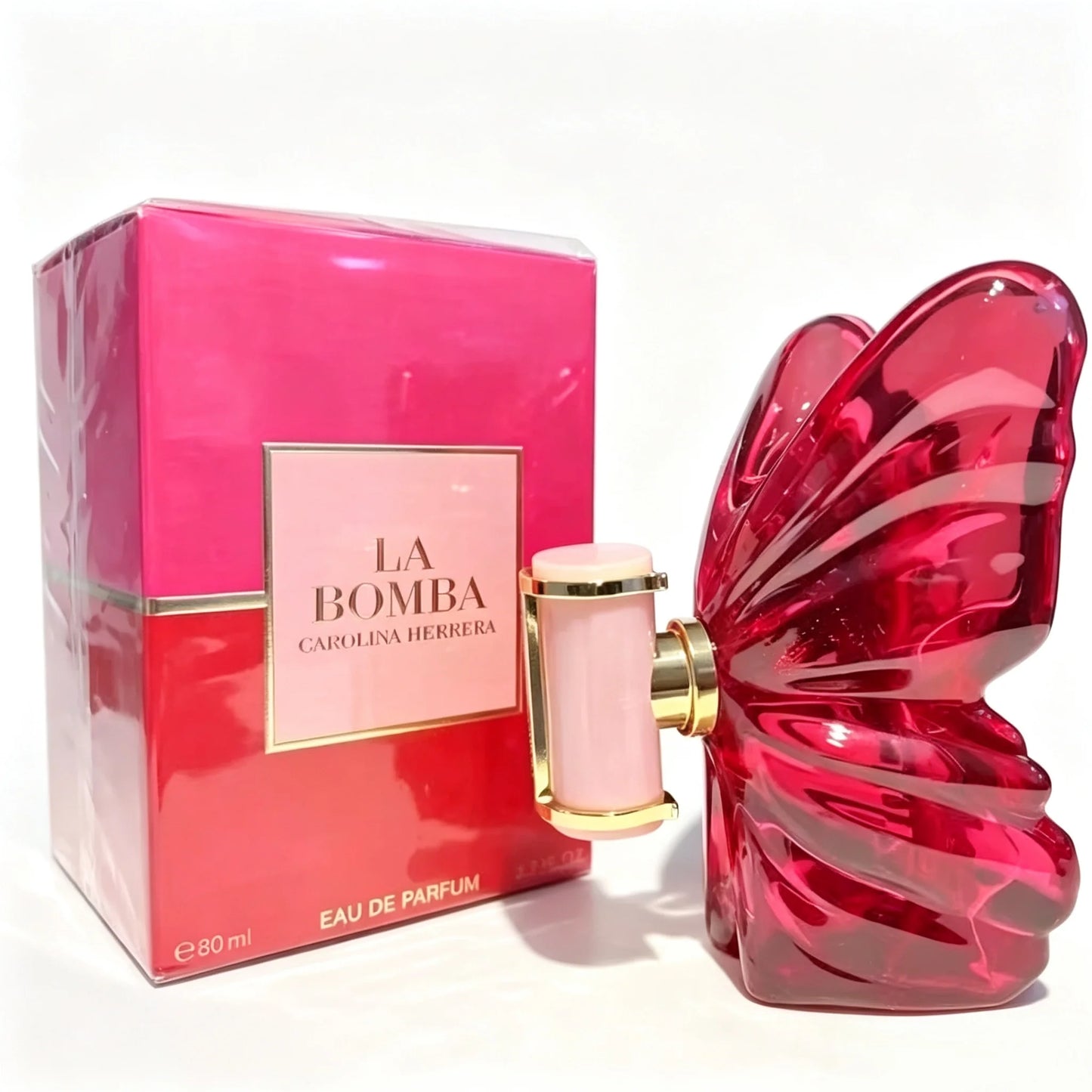 La a by Carolina Herrera Ladies Perfume Complete Hot Pink Two-Tone Gradient Gift Box Gloss Fuchsia Sculpted Butterfly Glass Vessel Pink Gold Trim Spray Top Lush Sweet Tropical Floral Fragrance Instagram Viral Birthday Travel