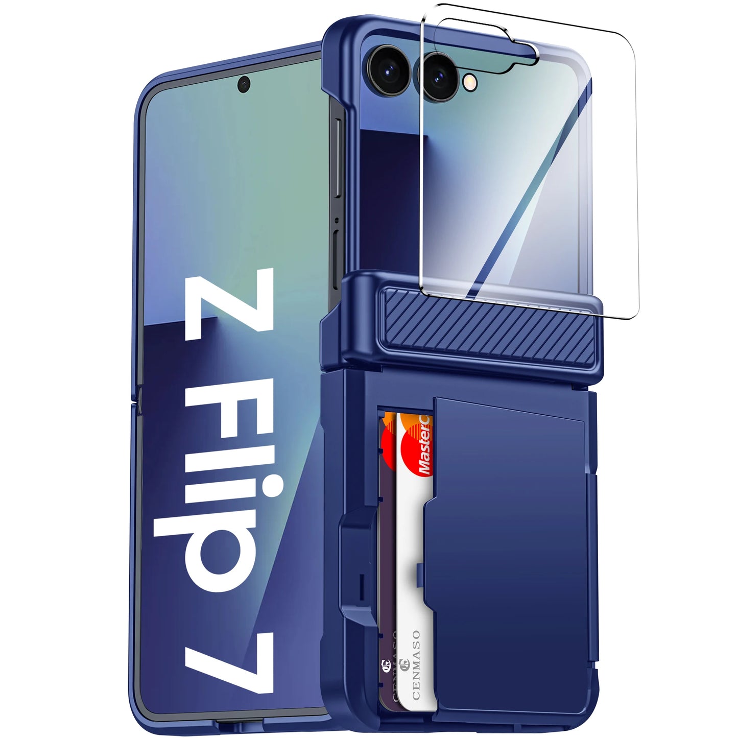 For Galaxy Z Flip 7 With Card Holder,RFID,HD Protector,Rugged Anti-Scratch Full Shockproof Phone Case For Halloween Gifts-Blue