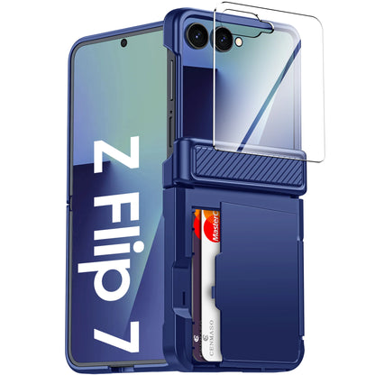 For Galaxy Z Flip 7 With Card Holder,RFID,HD Protector,Rugged Anti-Scratch Full Shockproof Phone Case For Halloween Gifts-Blue
