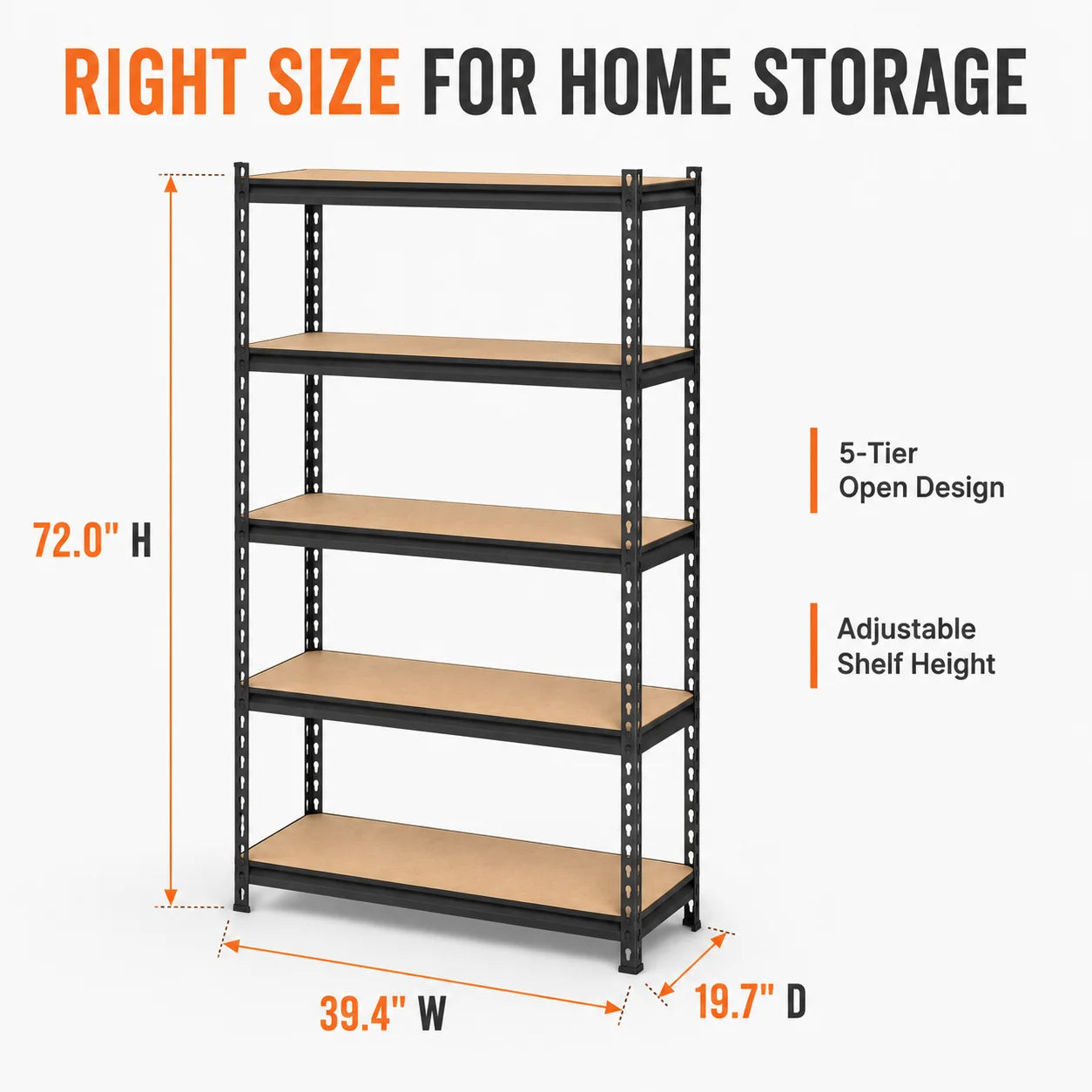5-Tier Garage Shelving Heavy Duty Adjustable Metal Storage Rack with MDF Shelves, Utility Rack Shelf for Warehouse Pantry Closet Basement, 39.4" W x 19.7" D x 72" H, Black