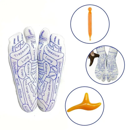Foot-shaped massage tools with labeled body parts and orange massage tools on a white background