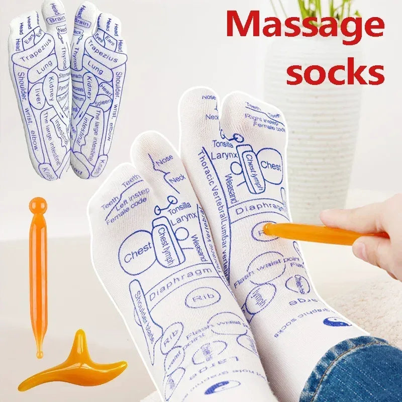 Massage socks with labeled parts and a hand holding a tool on a light background
