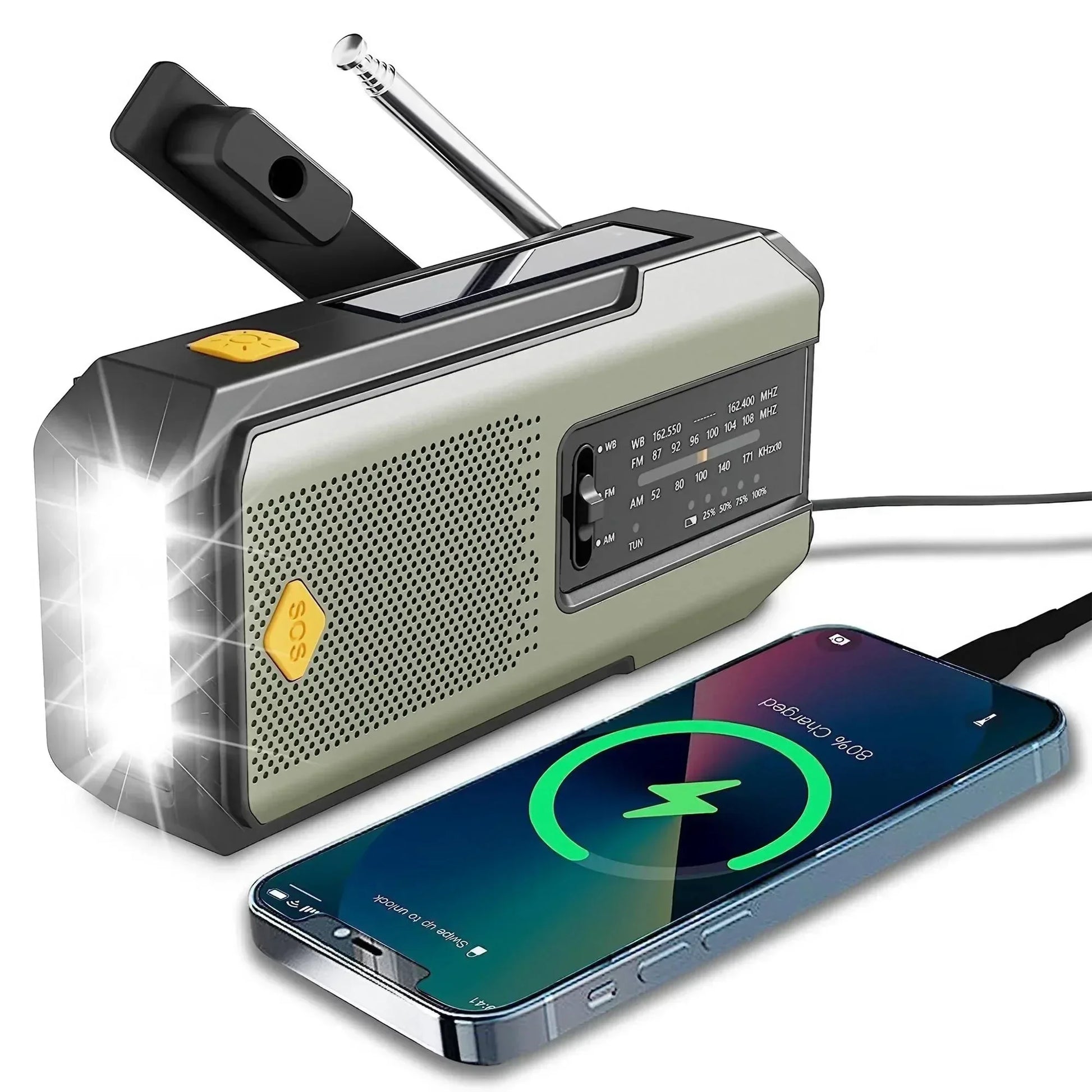 Weather Radio Emergency Multifunctional Radio FM AM WB Hand Crank Solar USB Charging 2000mAh Power Bank LED Flashlight Torch - Urbizia