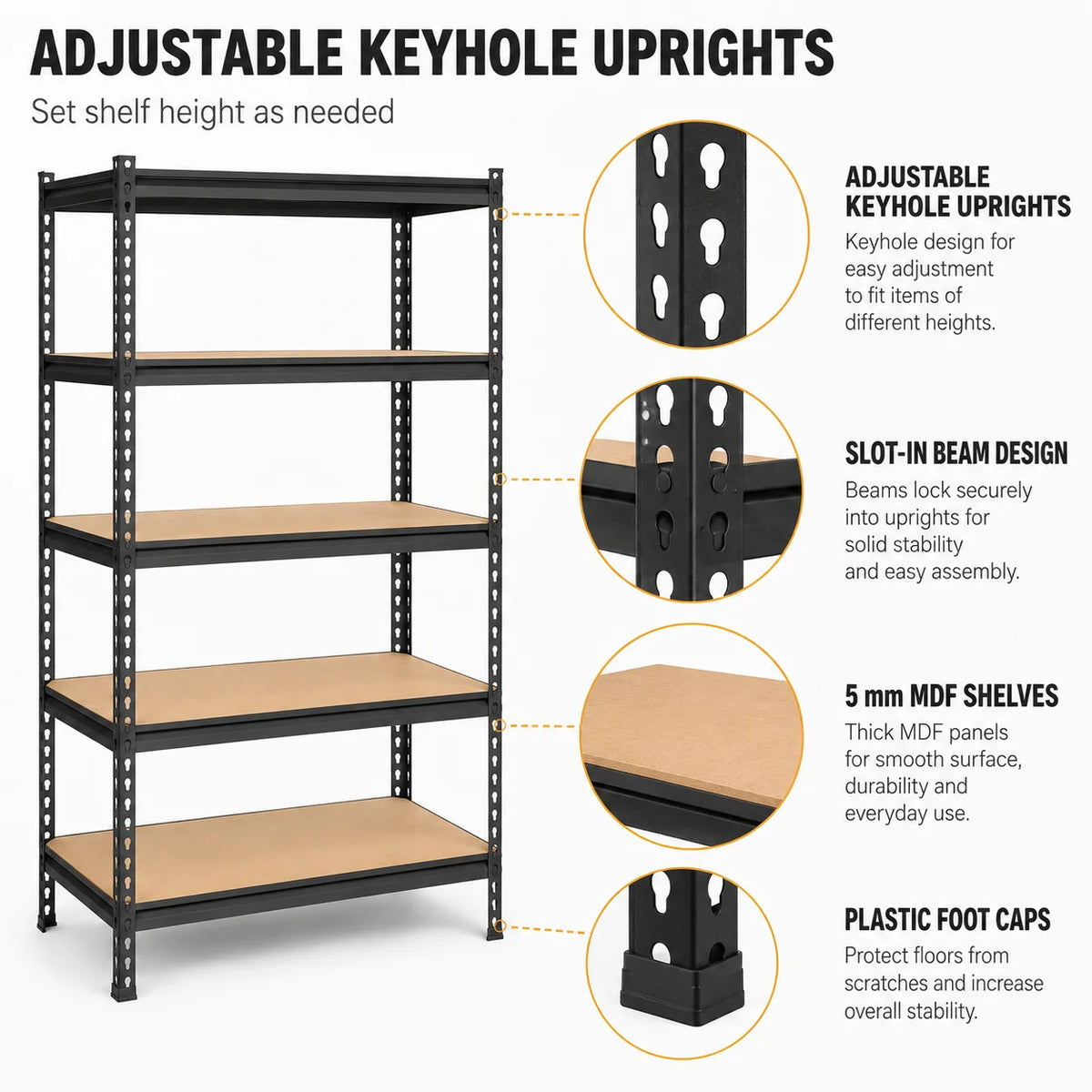 5-Tier Garage Shelving Heavy Duty Adjustable Metal Storage Rack with MDF Shelves, Utility Rack Shelf for Warehouse Pantry Closet Basement, 39.4" W x 19.7" D x 72" H, Black