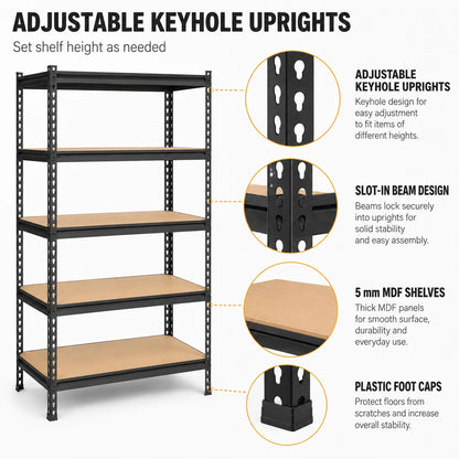 5-Tier Garage Shelving Heavy Duty Adjustable Metal Storage Rack with MDF Shelves, Utility Rack Shelf for Warehouse Pantry Closet Basement, 39.4" W x 19.7" D x 72" H, Black