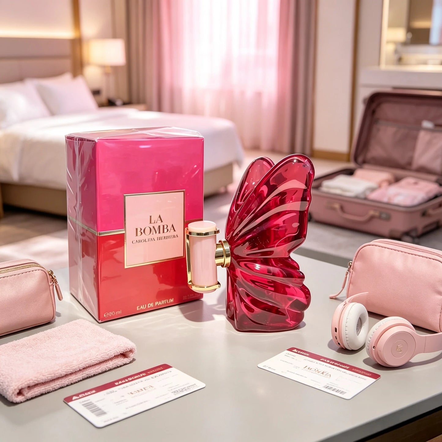 La a by Carolina Herrera Ladies Perfume Complete Hot Pink Two-Tone Gradient Gift Box Gloss Fuchsia Sculpted Butterfly Glass Vessel Pink Gold Trim Spray Top Lush Sweet Tropical Floral Fragrance Instagram Viral Birthday Travel