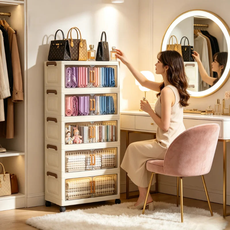 5-tier foldable stackable plastic storage cabinet, no assembly needed, with magnetic vertical transparent double doors and brown handles, foldable rolling storage box, 58cm wide, with universal wheels, perfect for organizing