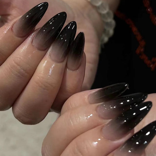 Black Gradient French Almond Fake Nails – Halloween Ghost & Pumpkin Press On Nails with Glue