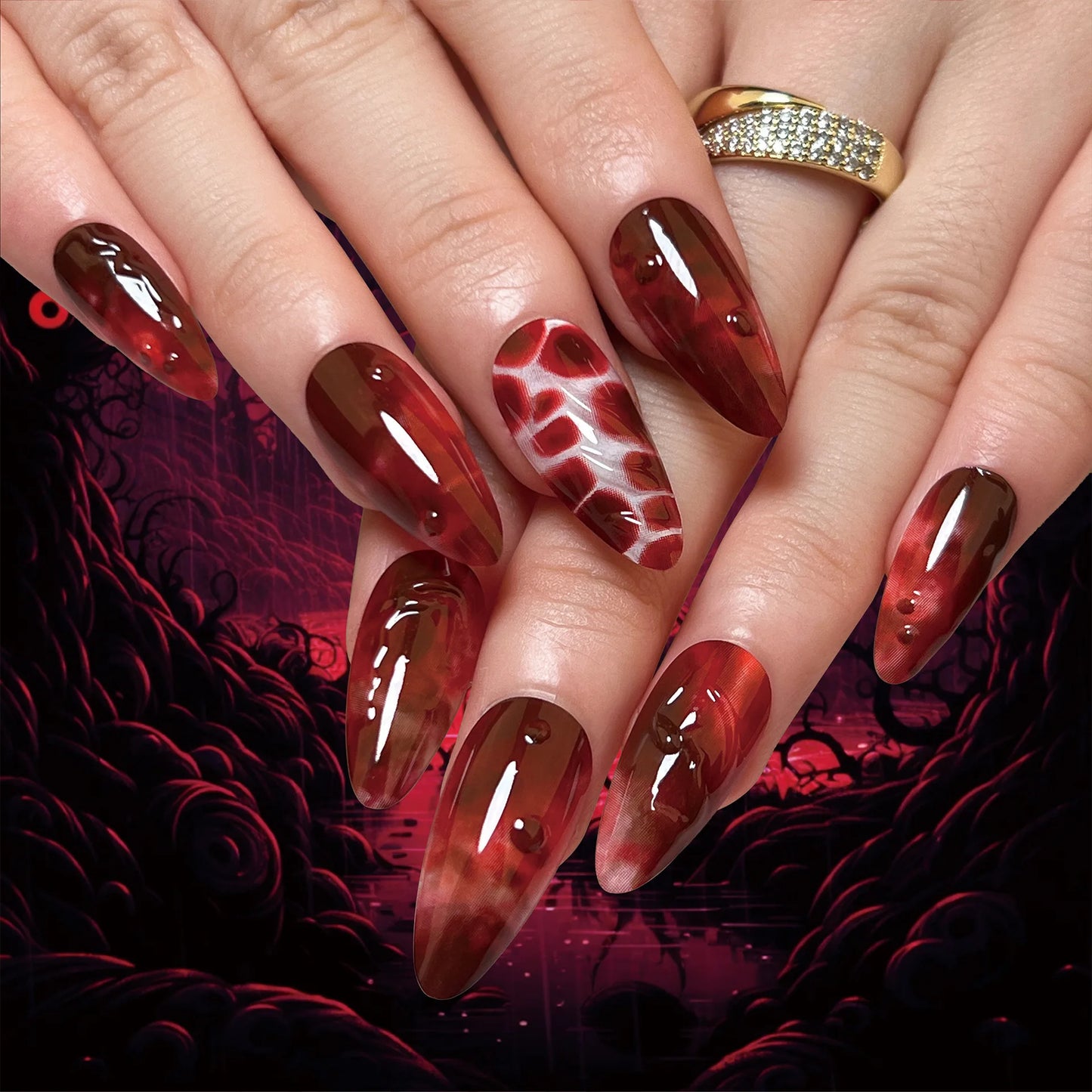 Black Gradient French Almond Fake Nails – Halloween Ghost & Pumpkin Press On Nails with Glue