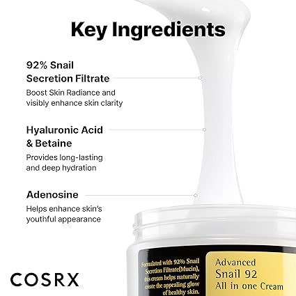 COSRX Snail Mucin 92% Face Moisturizer – Korean Hydrating Cream 3.52oz - Urbizia