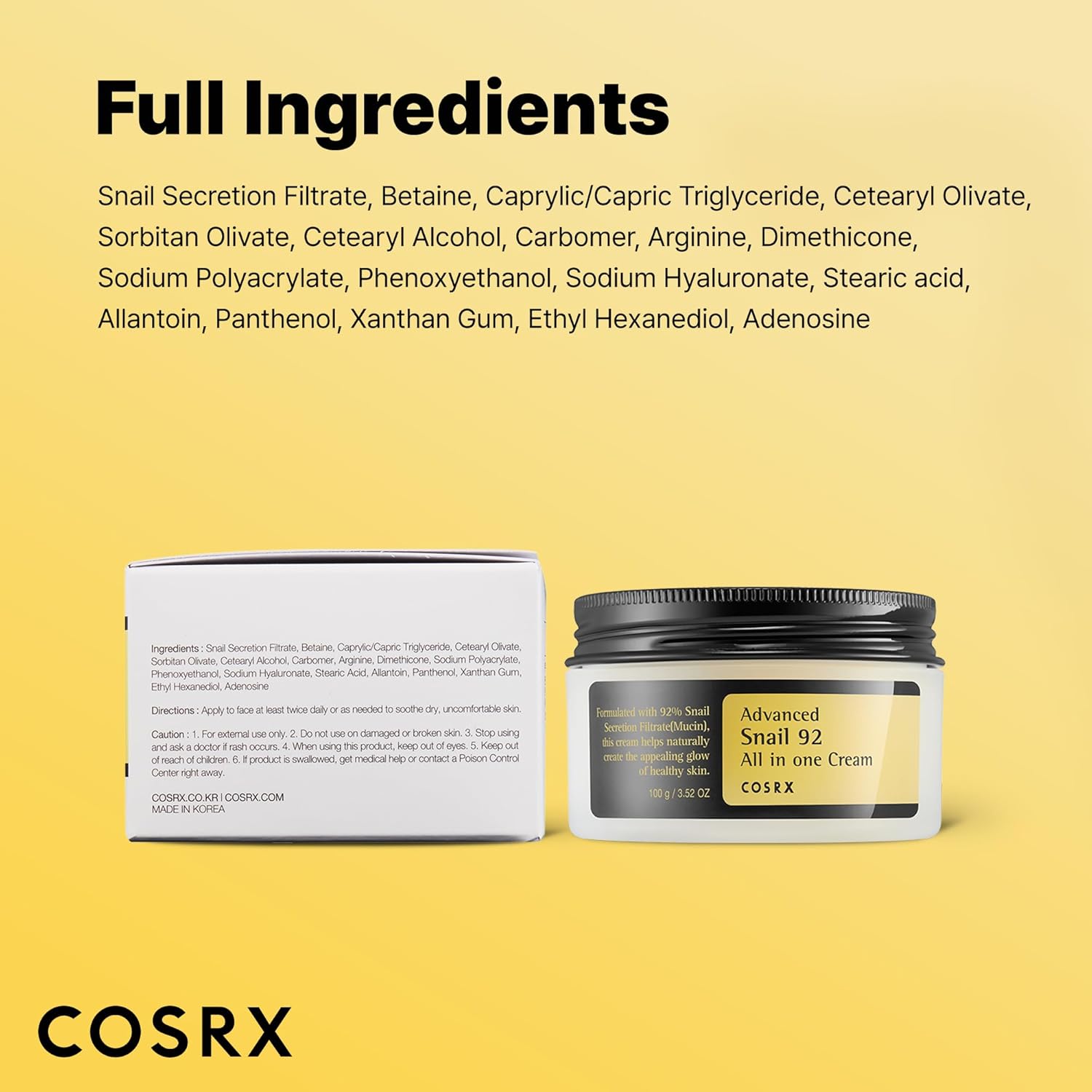 COSRX Snail Mucin 92% Face Moisturizer – Korean Hydrating Cream 3.52oz - Urbizia