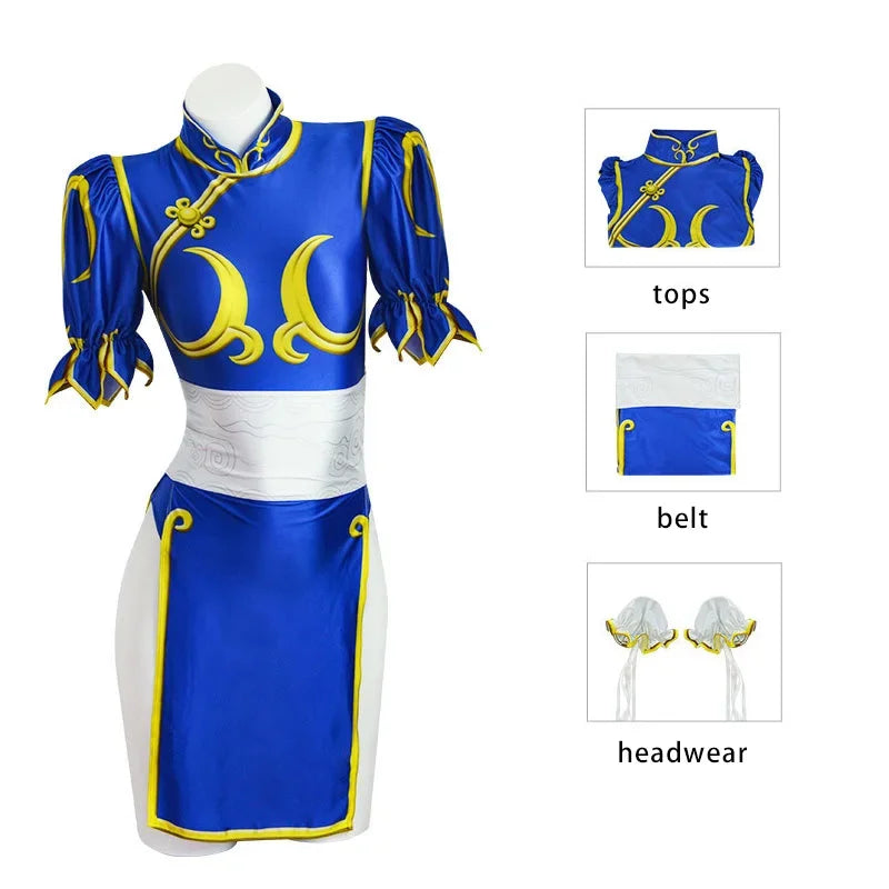 Chun Li Cosplay Dress – SF Game Role Play Blue Qipao Outfit Full Set for Halloween & Party