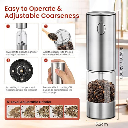 Electric Salt & Pepper Grinder Set – Rechargeable, Adjustable Coarseness, Stainless Steel with Light - Urbizia