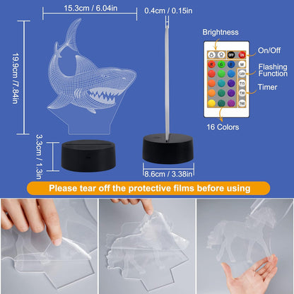FULLOSUN Shark 3D Illusion Night Light – 16 Color LED Touch Lamp with Remote - Urbizia
