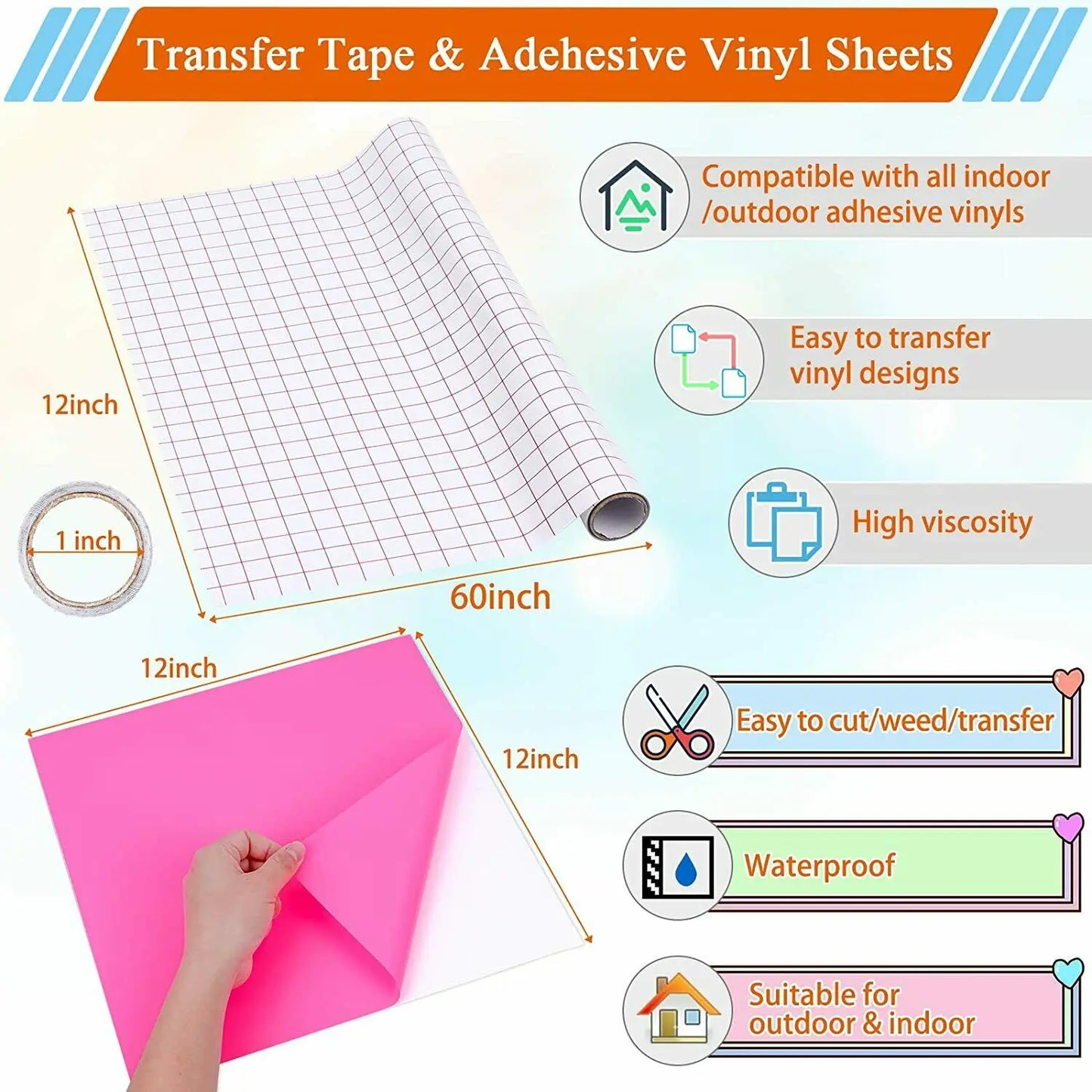 HTVRONT Permanent Adhesive Vinyl Bundle 12' X 12' Adhensive Vinyl Sheets and Transfer Tape Sets for Party Decoration, Stiker