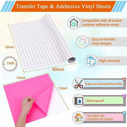 HTVRONT Permanent Adhesive Vinyl Bundle 12' X 12' Adhensive Vinyl Sheets and Transfer Tape Sets for Party Decoration, Stiker