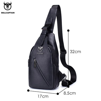 BULLCAPTAIN Men's Leather Chest Bag Multi-Function Travel Storage Bag Men's Messenger Bag Hardware Zipper Leather Bag