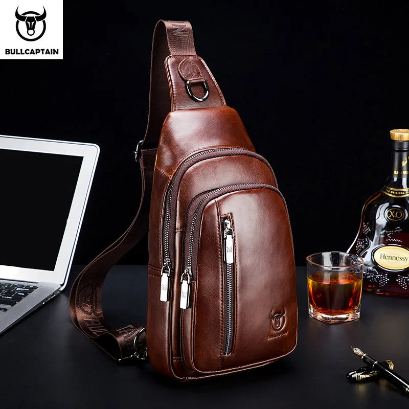 BULLCAPTAIN Men's Genuine Leather Chest Bag Fashion Leisure Multifunctional Crossbody Bag Music Chest Bag Men's Chest Bag