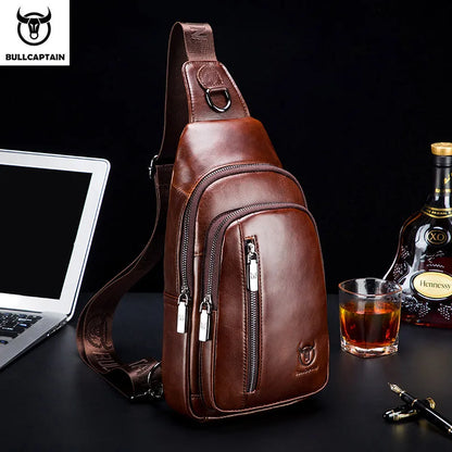 BULLCAPTAIN Men's Genuine Leather Chest Bag Fashion Leisure Multifunctional Crossbody Bag Music Chest Bag Men's Chest Bag