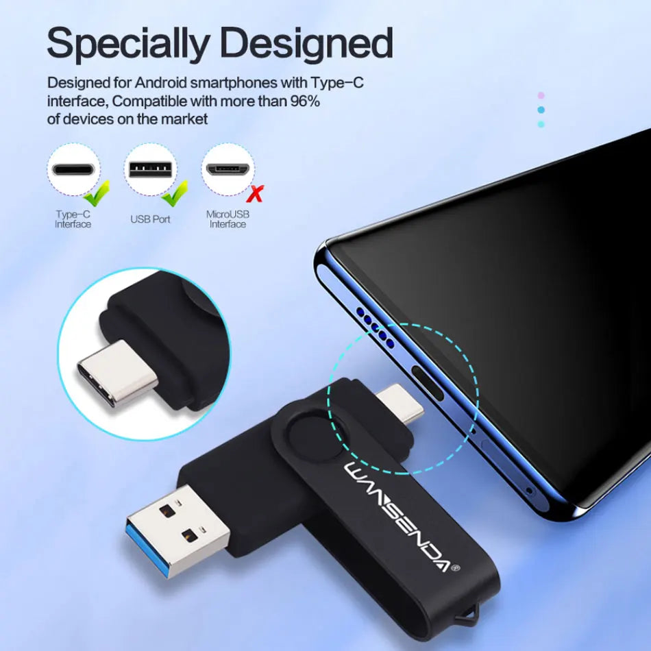 New WANSENDA USB 3.0 TYPE C USB Flash Drive OTG Pen Drive 512GB 256GB 128GB 64GB 32GB 16GB USB Stick 2 in 1 High Speed Pendrive