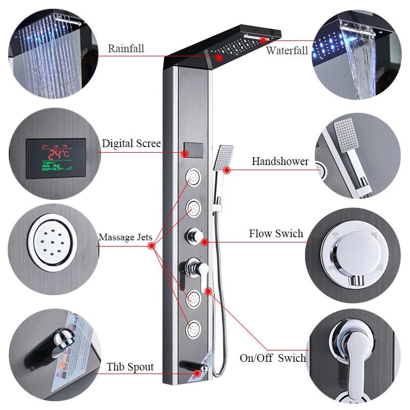 Luxury LED Shower Panel SPA Massage Jet Shower Faucet Bathroom Waterfall Rain Shower Column System Faucet Bathoom