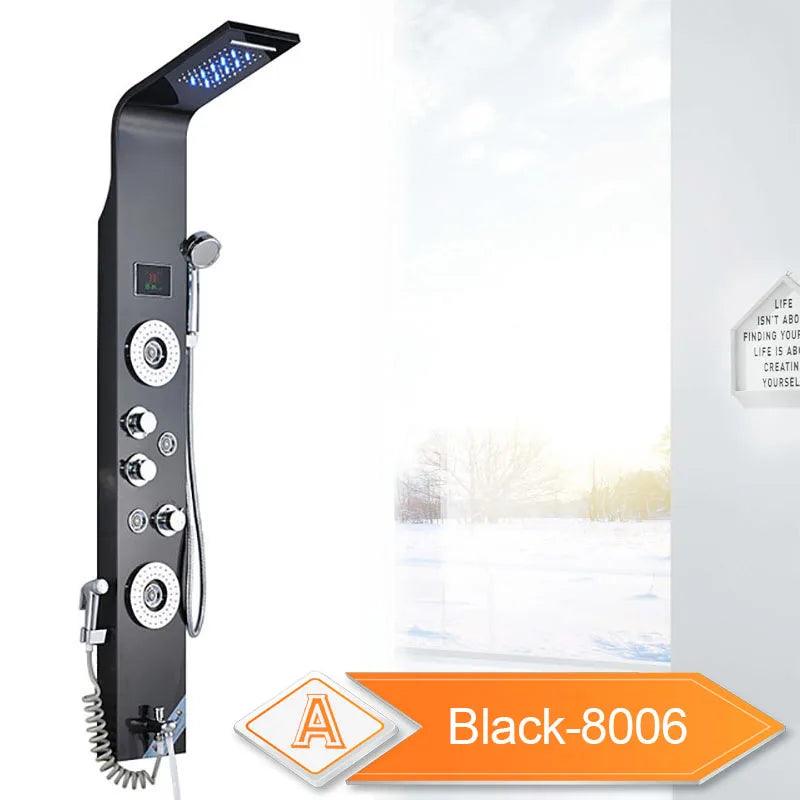 LED Bathroom Shower Panel 6 Modes Intelligent LCD Shower Column Rose Gold Rain Waterfall Bath Systems With Massage Jet Mixer Tap