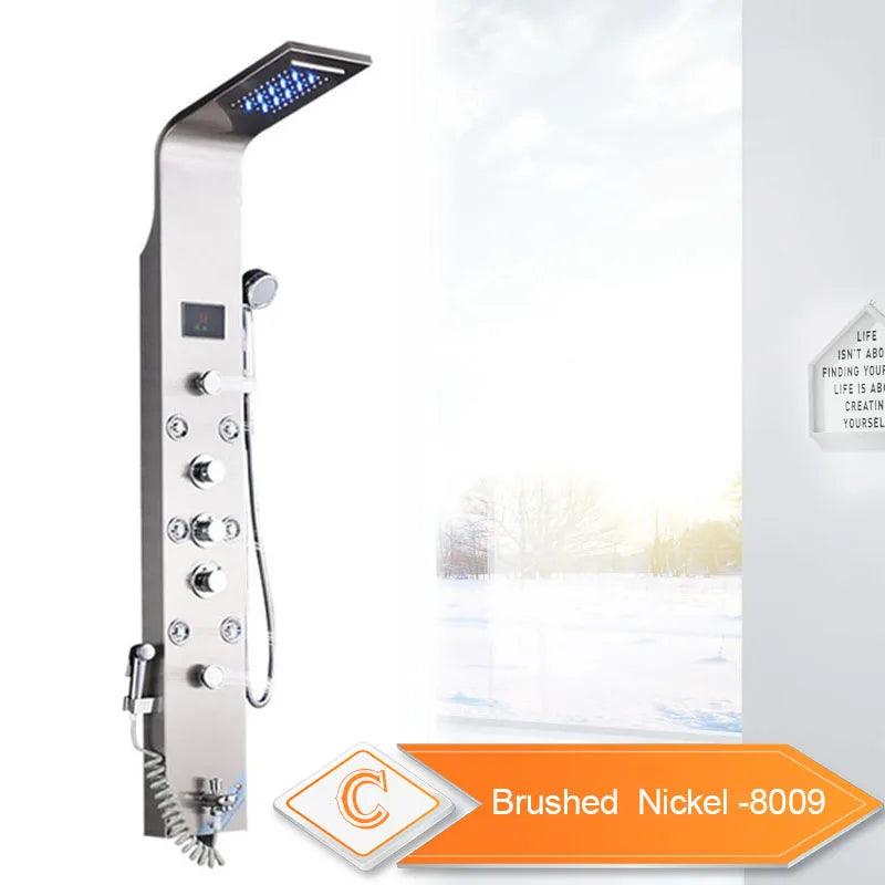 LED Bathroom Shower Panel 6 Modes Intelligent LCD Shower Column Rose Gold Rain Waterfall Bath Systems With Massage Jet Mixer Tap