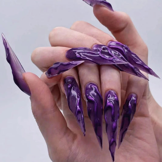 Halloween Purple Glitter Bloody Ripple Long Pointed False Nails – Extra Long Press On Nails