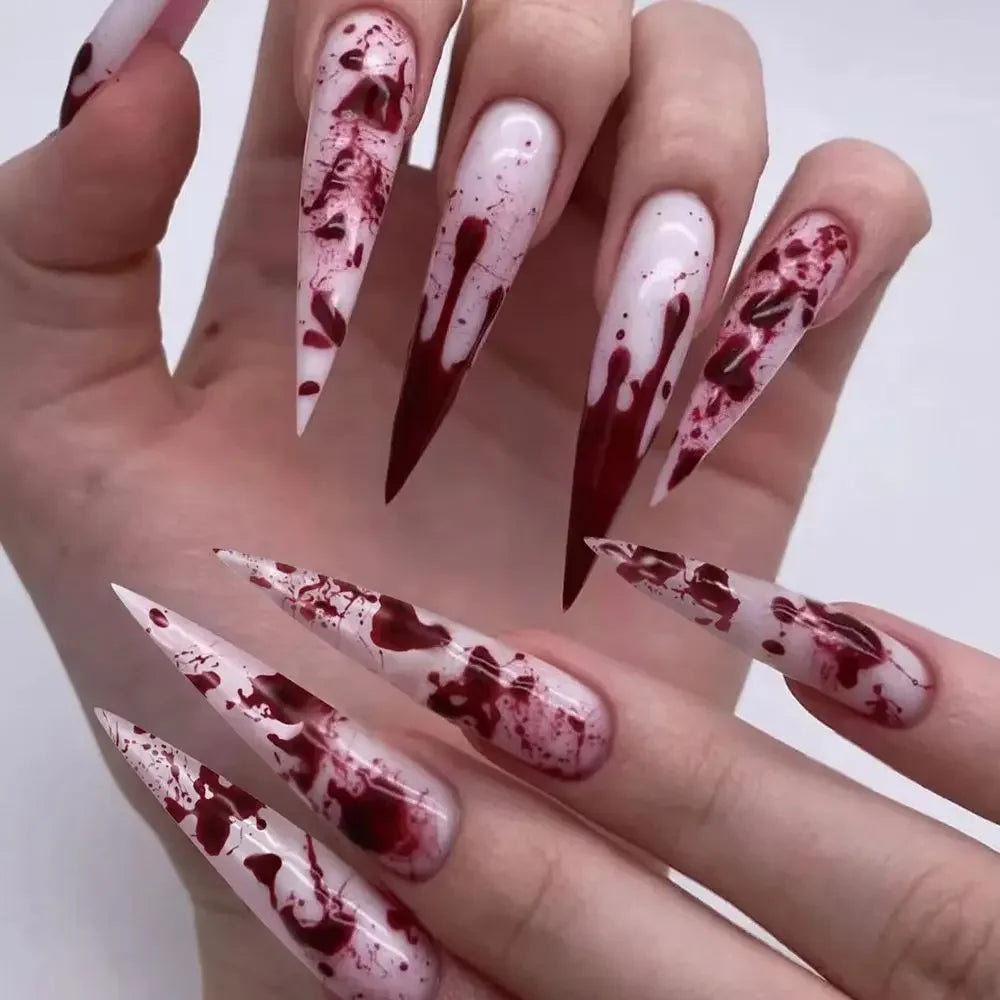 Halloween Purple Glitter Bloody Ripple Long Pointed False Nails – Extra Long Press On Nails