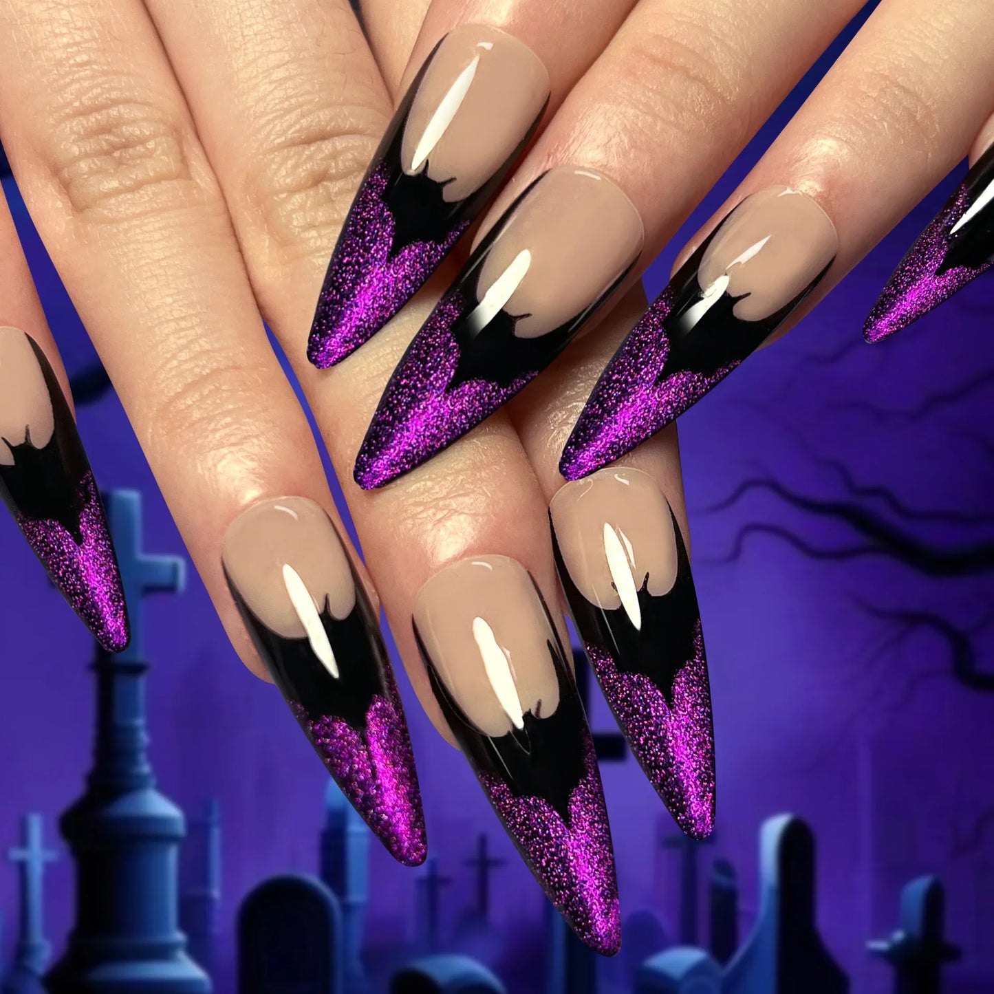 Halloween Purple Glitter Bloody Ripple Long Pointed False Nails – Extra Long Press On Nails