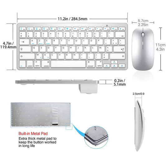 French Bluetooth Keyboard Mouse Combo AZERTY Wireless Bluetooth Mice Ultra Slim Mute for Mac iPad iPhone iOS Android Windows
