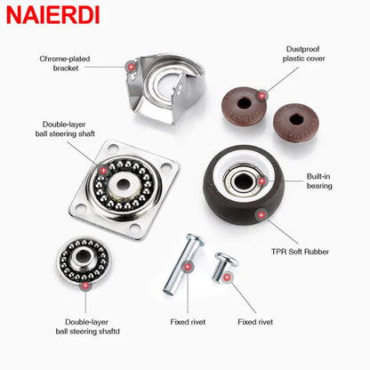 4PCS NAIERDI 1-2inch Furniture Caster Soft Rubber Universal Wheel Swivel Caster Roller Wheel For Platform Trolley Accessory