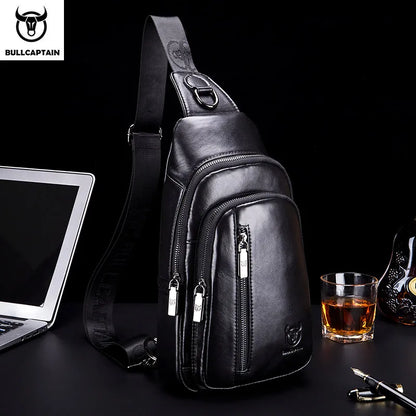 BULLCAPTAIN Men's Genuine Leather Chest Bag Fashion Leisure Multifunctional Crossbody Bag Music Chest Bag Men's Chest Bag