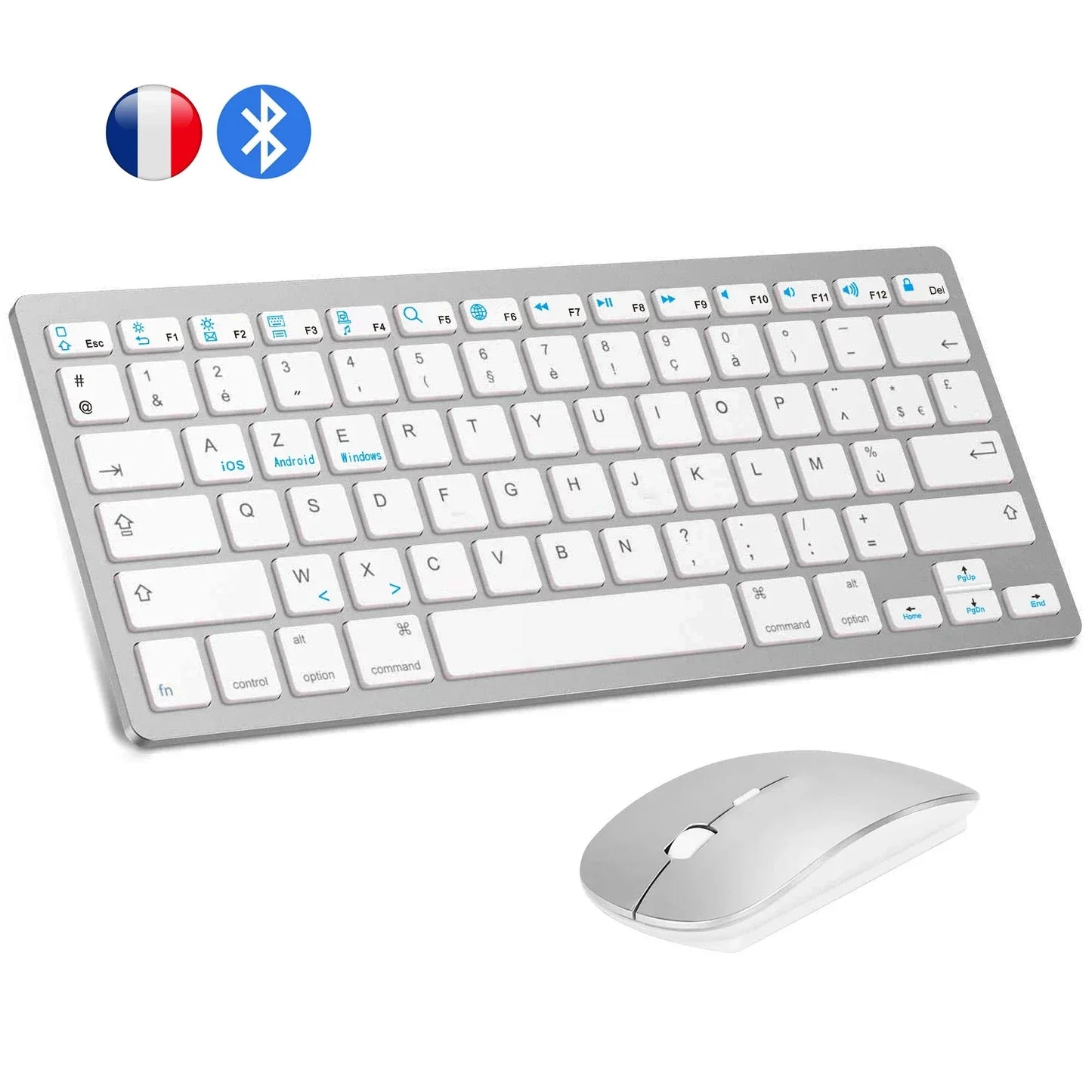 French Bluetooth Keyboard Mouse Combo AZERTY Wireless Bluetooth Mice Ultra Slim Mute for Mac iPad iPhone iOS Android Windows