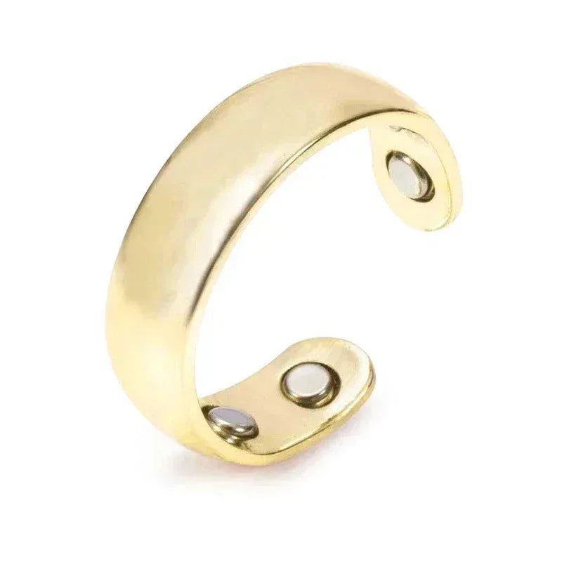 open ring with two small round stones on a white background
