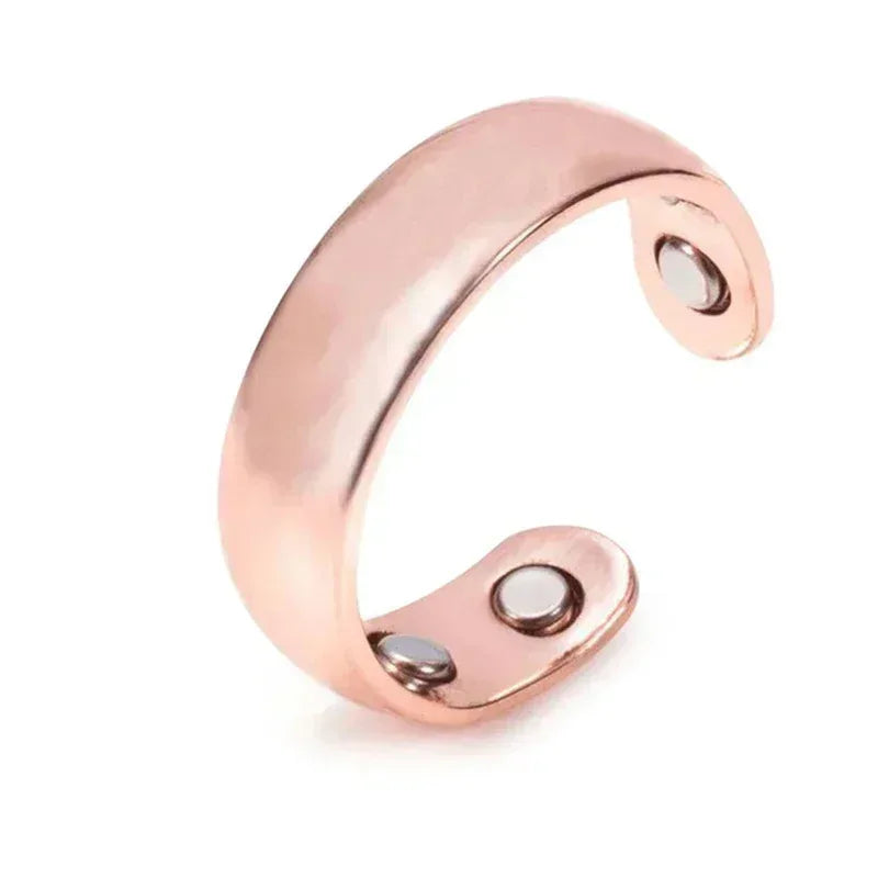 Rose gold ring with two embedded stones on a white background
