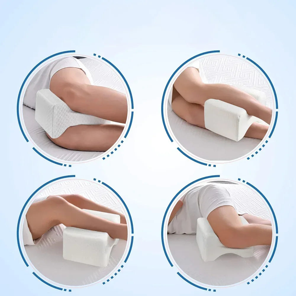 White knee pillow being used by a person on a light blue background