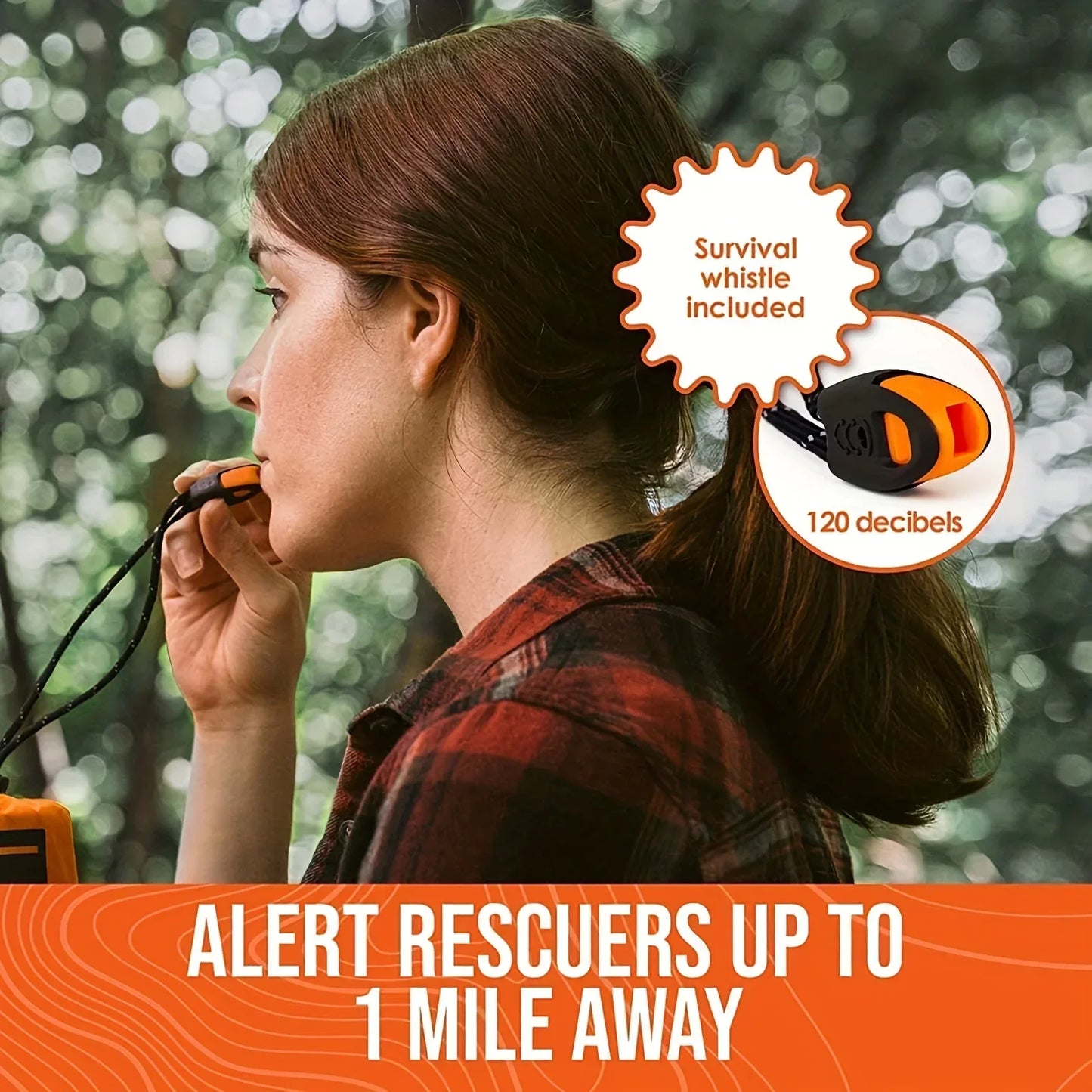 Woman using a survival whistle with a forest background