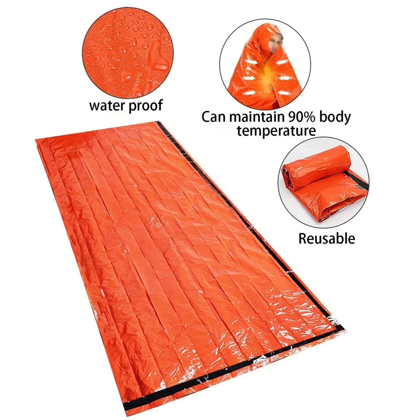 Orange emergency blanket with features highlighted on a white background