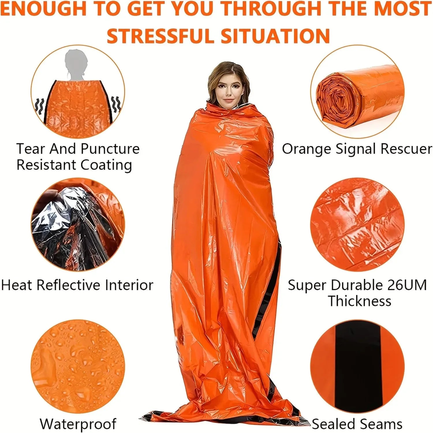 Orange emergency blanket with features highlighted on a white background
